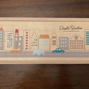 Dwell Studio Skyline nursery blocks, paintings, and blankets